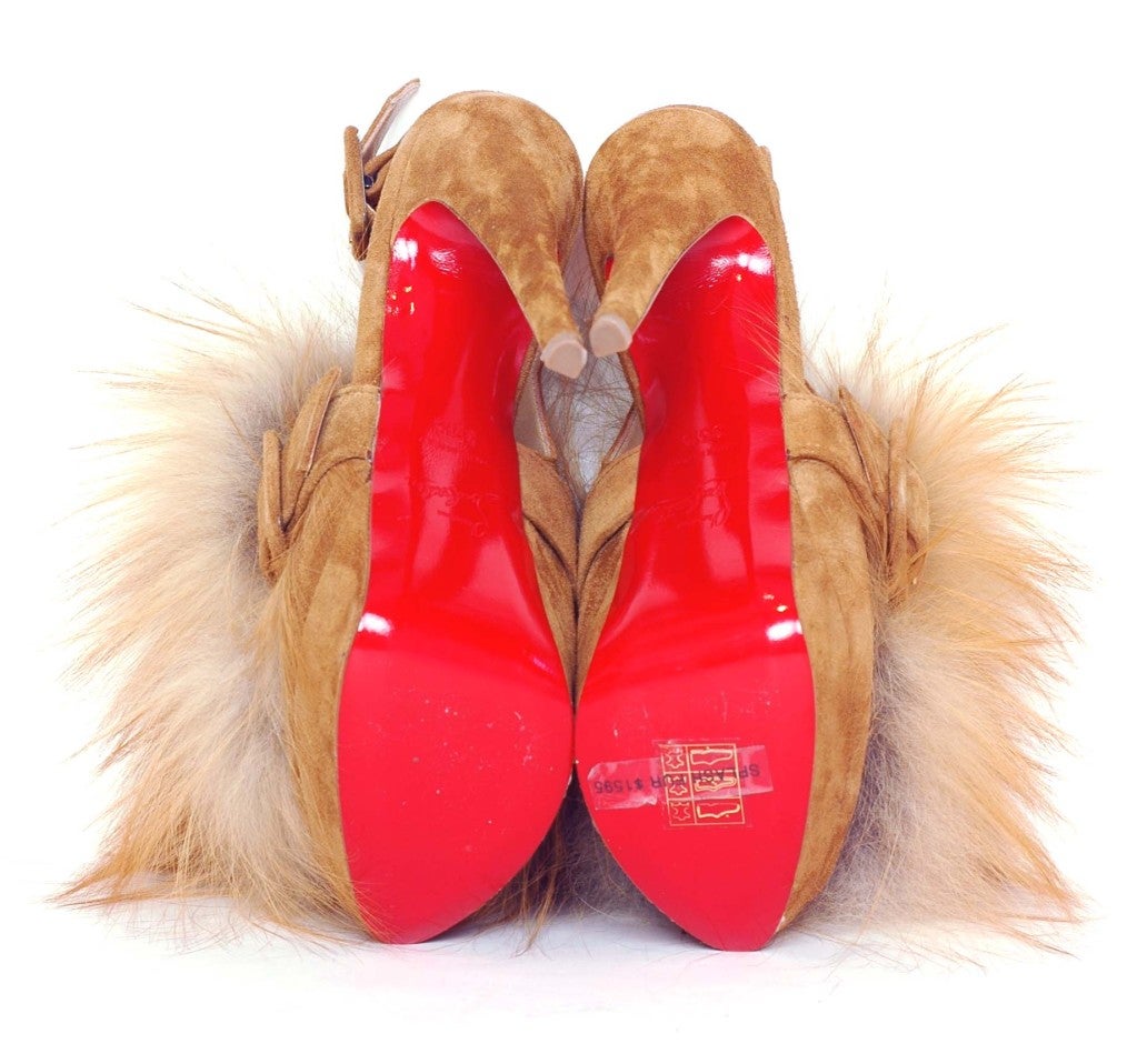 CHRISTIAN LOUBOUTIN Tan Suede Platform Heels with Fur 1