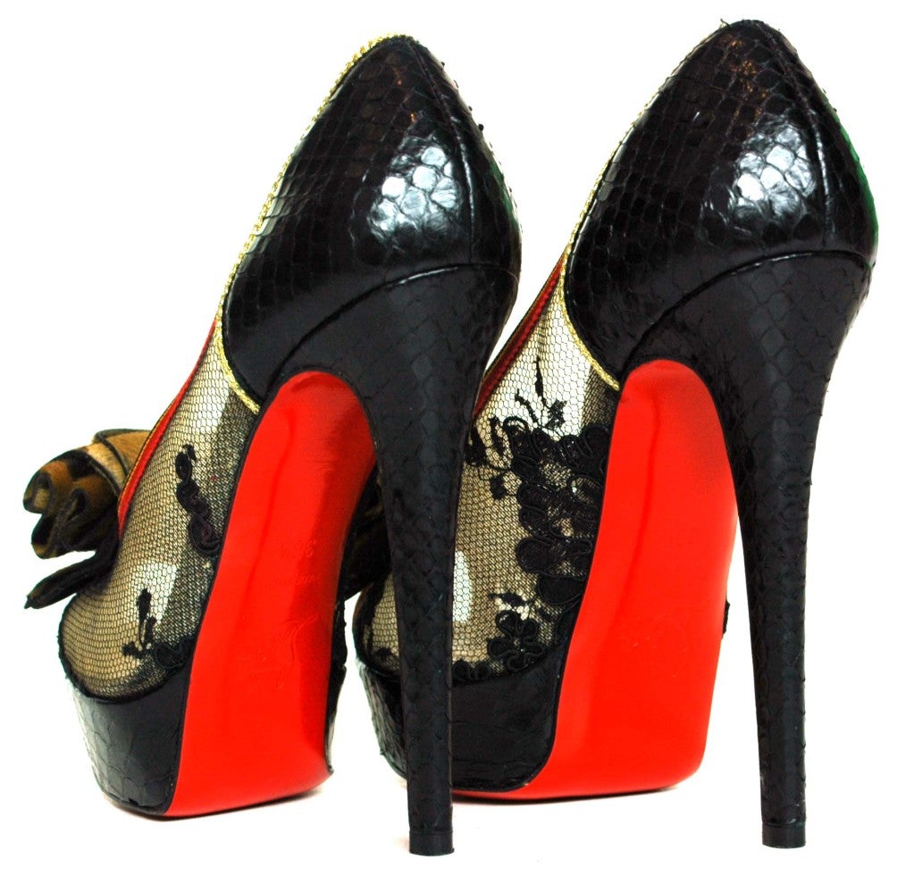 Women's CHRISTIAN LOUBOUTIN Black Lace Shoes with Python Back & Leopard