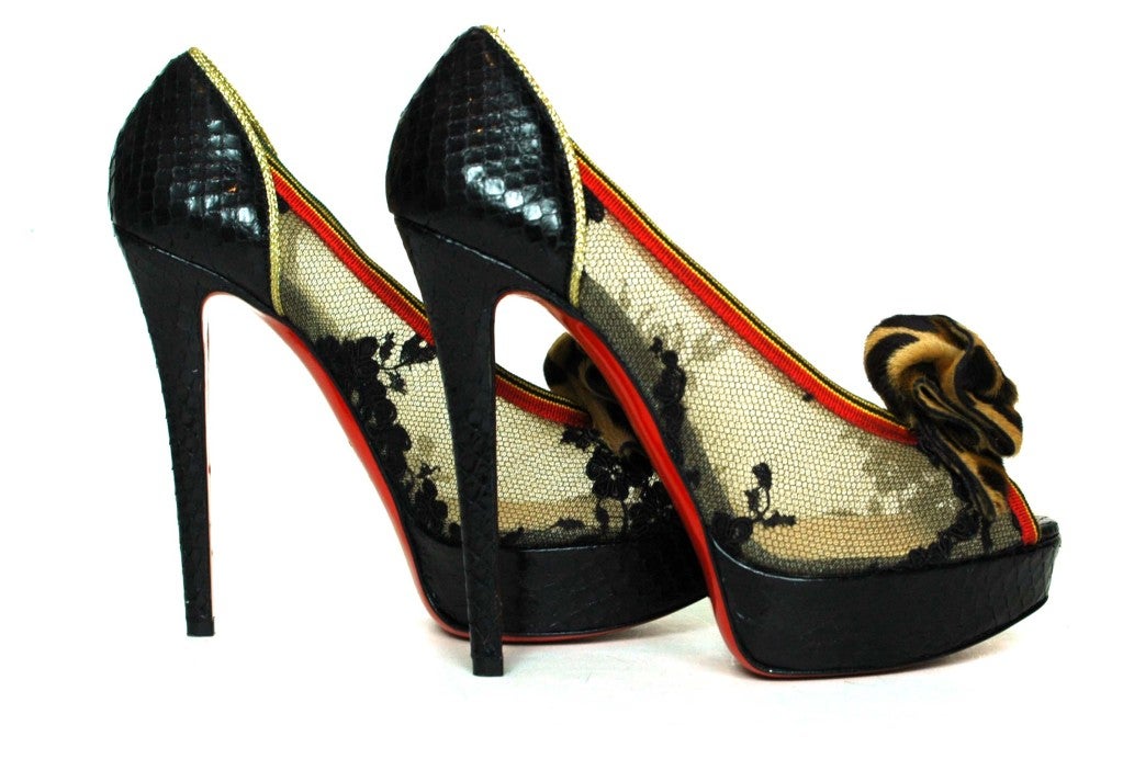 CHRISTIAN LOUBOUTIN Black Lace Shoes with Python Back & Leopard 1