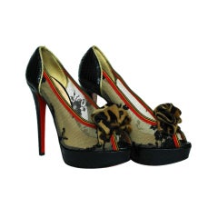 CHRISTIAN LOUBOUTIN Black Lace Shoes with Python Back & Leopard