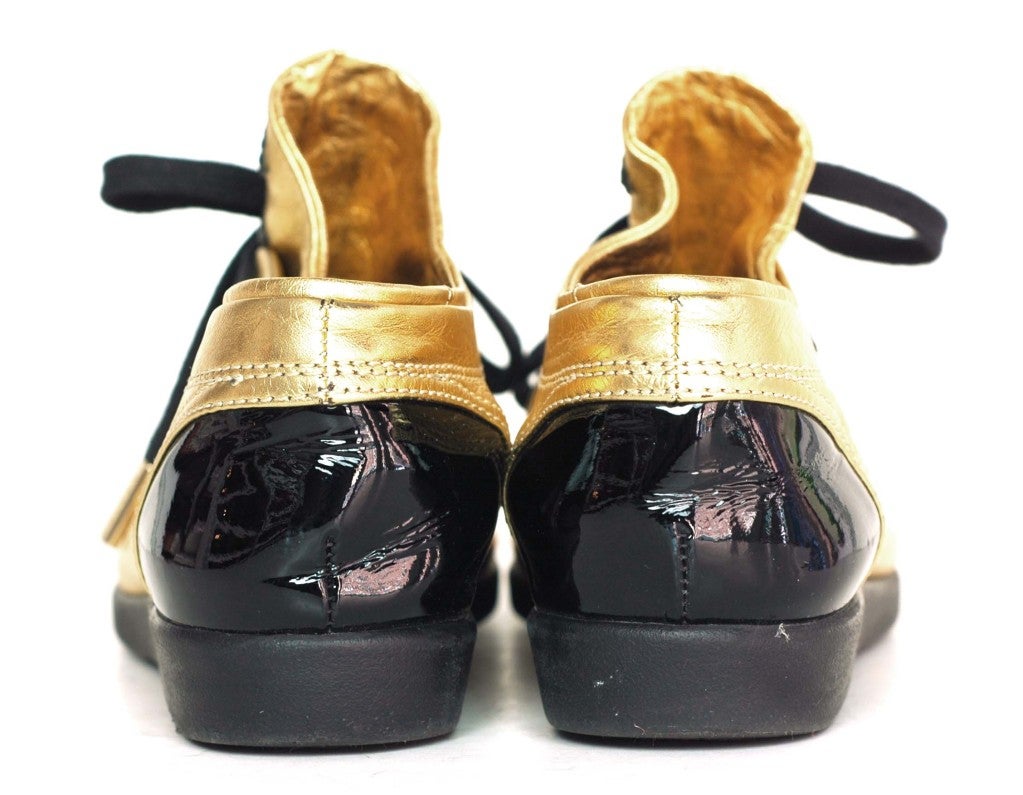 Women's CHANEL Gold/Black Metallic Leather Shoes With Patent Trim - Size