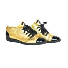 CHANEL Gold/Black Metallic Leather Shoes With Patent Trim - Size at 1stDibs
