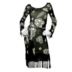 CHANEL Black/White Camellia Print Knit Dress with Fringes