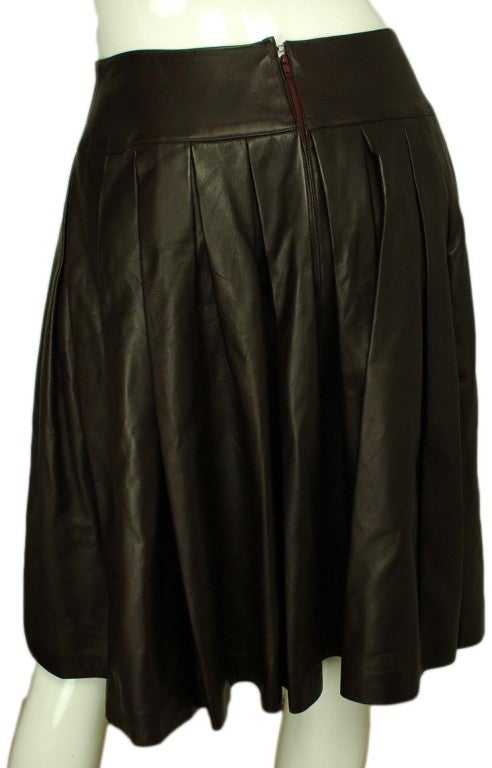 Women's CHANEL Brown Leather Pleated Skirt Sz 40
