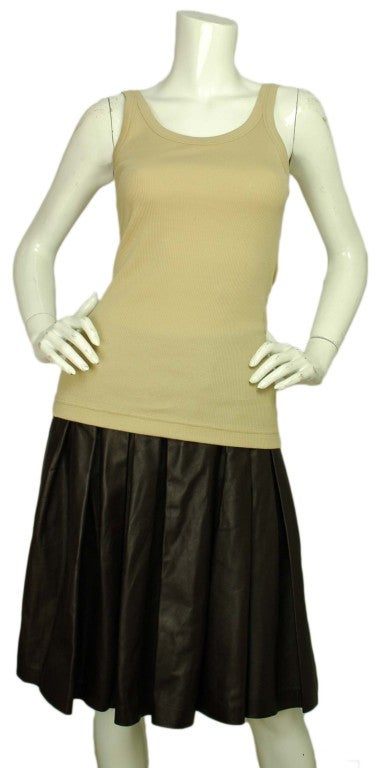 CHANEL Brown Leather Pleated Skirt Sz 40 2