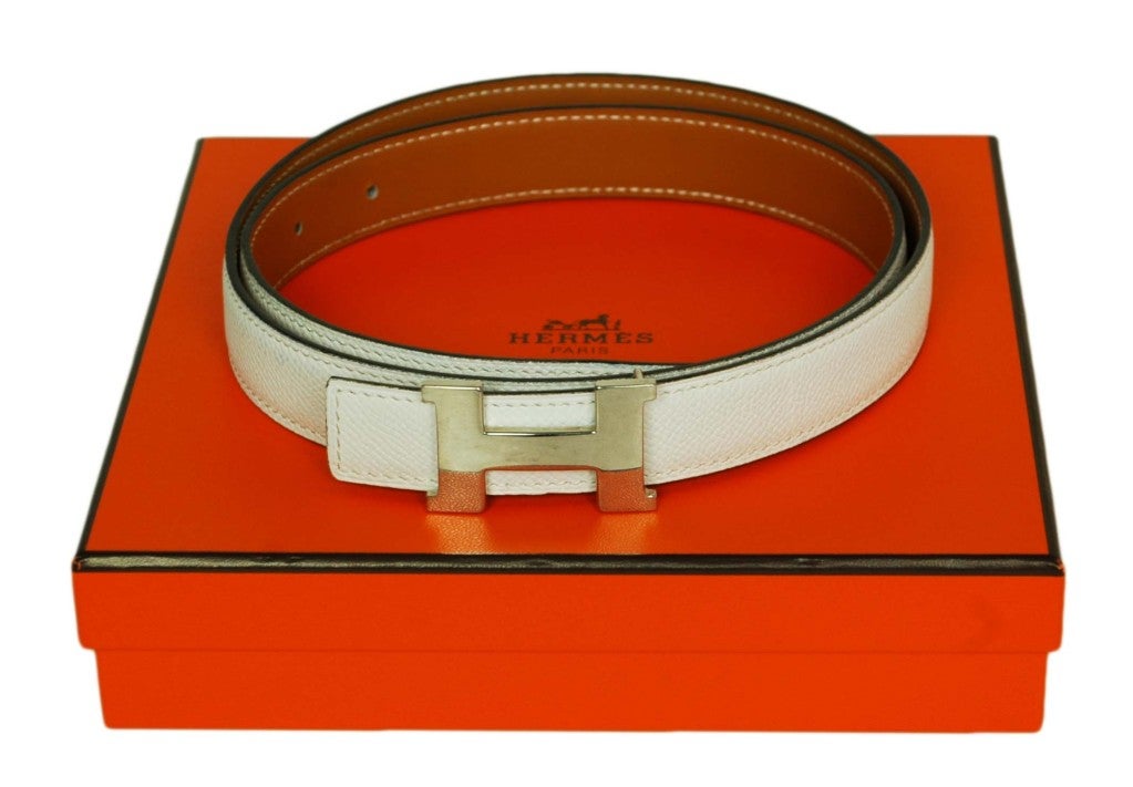 HERMES White Thin Leather Belt with Silver H Buckle
