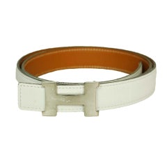 HERMES White Thin Leather Belt with Silver H Buckle