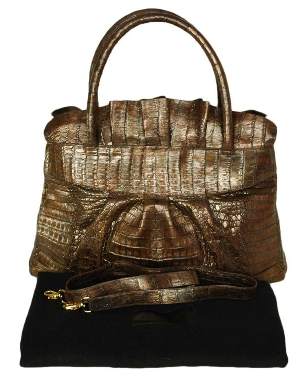 Nancy Gonzalez Bronze Crocodile Tote Bag with Gathering
Materials:  Genuine Crocodile Leather 
Made In Colombia
Stamped: 