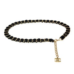 CHANEL Black Satin And Goldtone Chain Link Belt With CC Charm