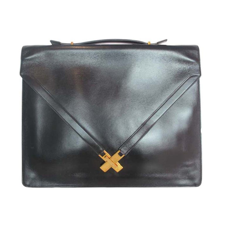 HERMES Black Box Leather Vintage Attache