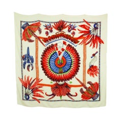 Hermes Ivory/Red Cashmere/Silk  "Brazil" Feather Print Shawl