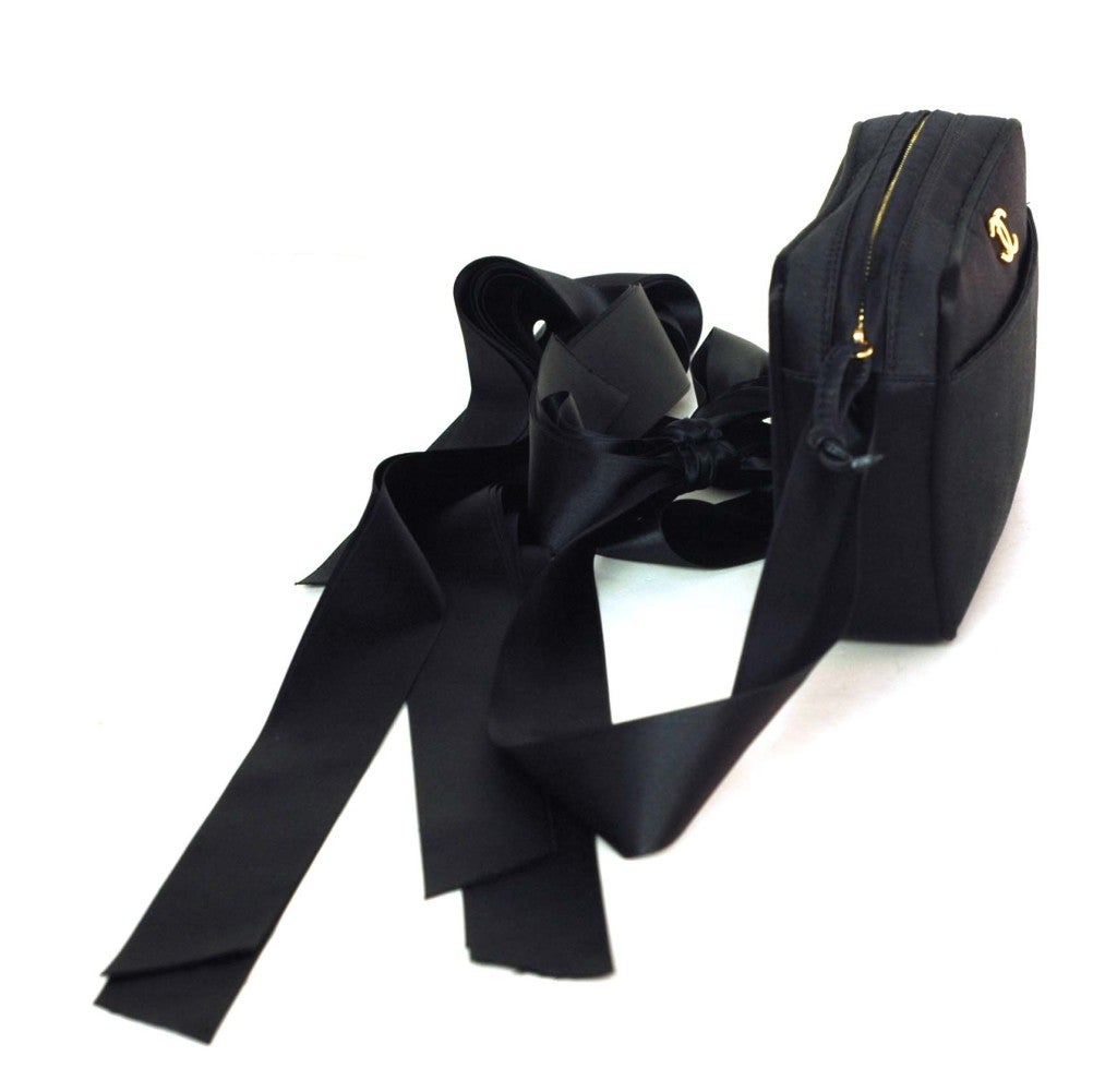 CHANEL Black Satin Shoulder Bag with Ribbon Strap and Bow