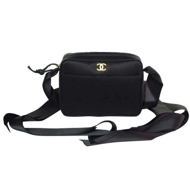 CHANEL Black Satin Shoulder Bag with Ribbon Strap and Bow at