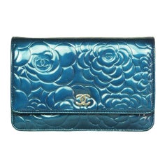 CHANEL Blue Patent Leather Camelia Wallet On A Chain