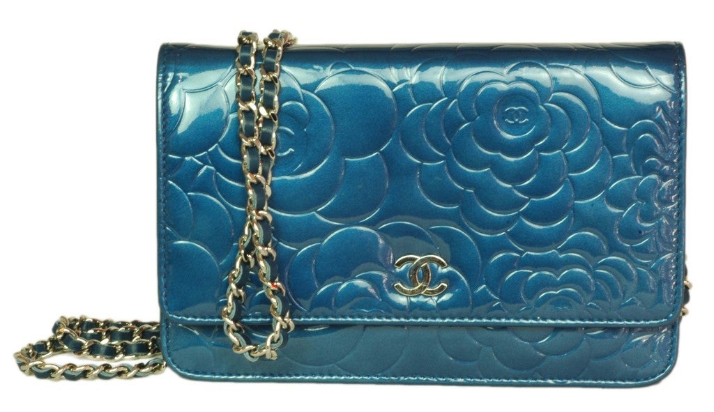 CHANEL Blue Patent Leather Camelia Wallet On A Chain 1