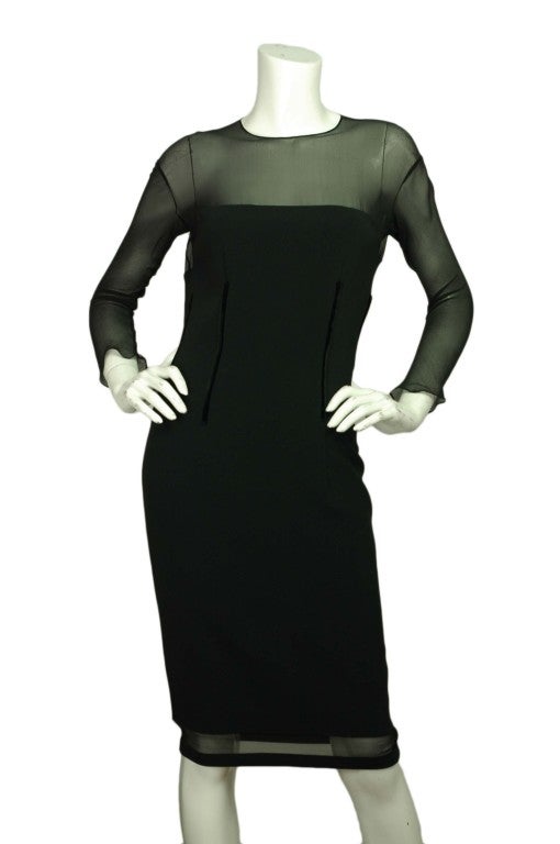 Tom Ford Black Sheer Top Longsleeve Cocktail Dress with Velvet Detail
Made In Italy
Materials: Jersey, Silk, Velvet Details
Features Sheer Top

Measurements

Size: 6

Shoulder: 18