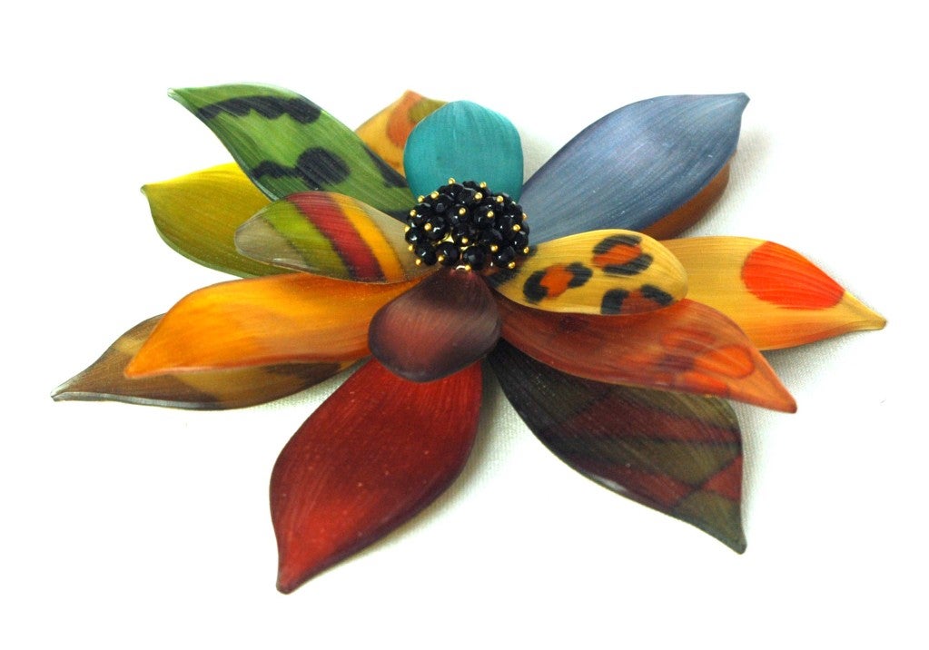 Alexis Bittar Multi-Color Resin Flower Pin With Irridescent Painted Petals And Black Beaded Center 
Material: Resin
Stamped 