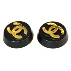 CHANEL 1980's Black Resin Disc Clip On Earrings With Goldtone CC
