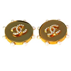 CHANEL Round Goldtone Clip On Earrings With Pearl Border