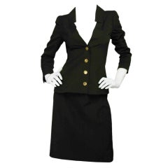 CHANEL Gabardine Black Skirt Suit with Gold Buttons