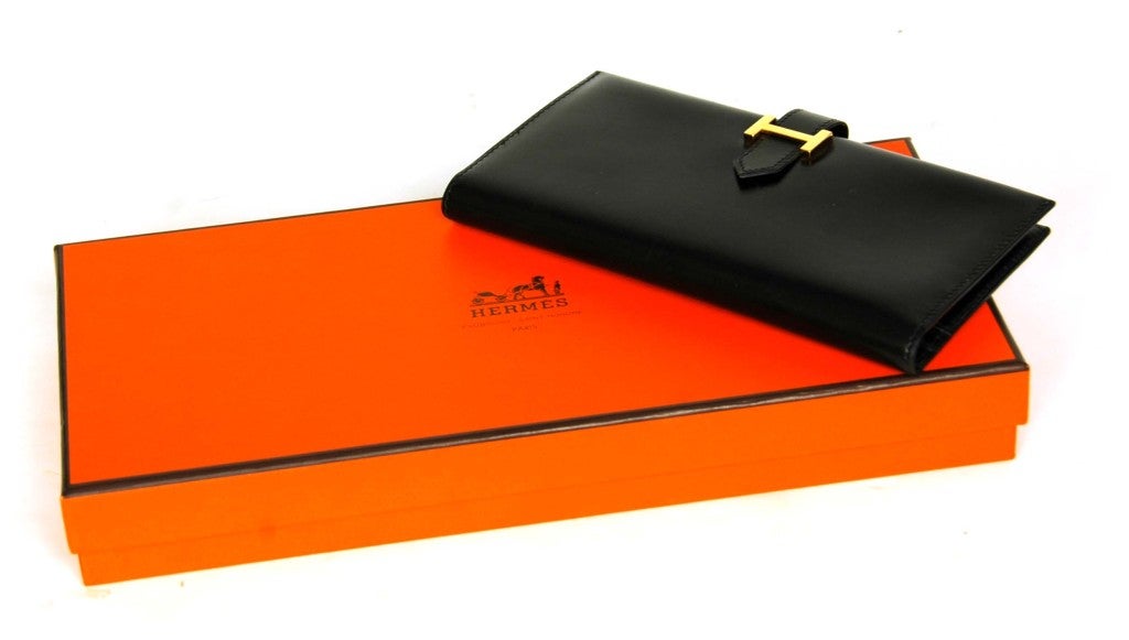HERMES Black Leather H Bearn Wallet