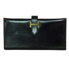 HERMES Black Leather H Bearn Wallet