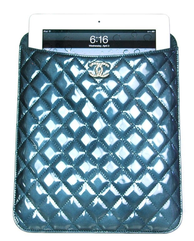 CHANEL Blue Quilted Patent Ipad Case rt. $775 1