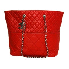 CHANEL Red Quilted Leather Tote with Chain Handle