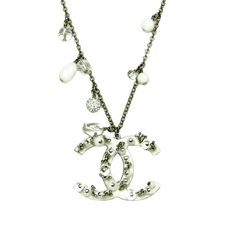 Chanel White CC Pendant Necklace with Rhinestones Age: 2010 M at 1stdibs