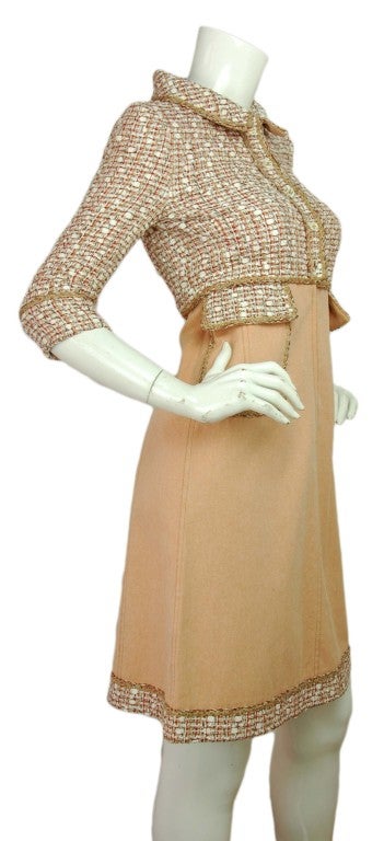 Chanel Peach Tweed and Denim 3/4 Sleeve Dress Sz 38 In Excellent Condition In New York, NY