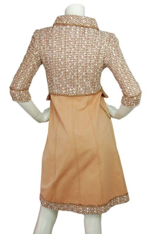 Women's Chanel Peach Tweed and Denim 3/4 Sleeve Dress Sz 38