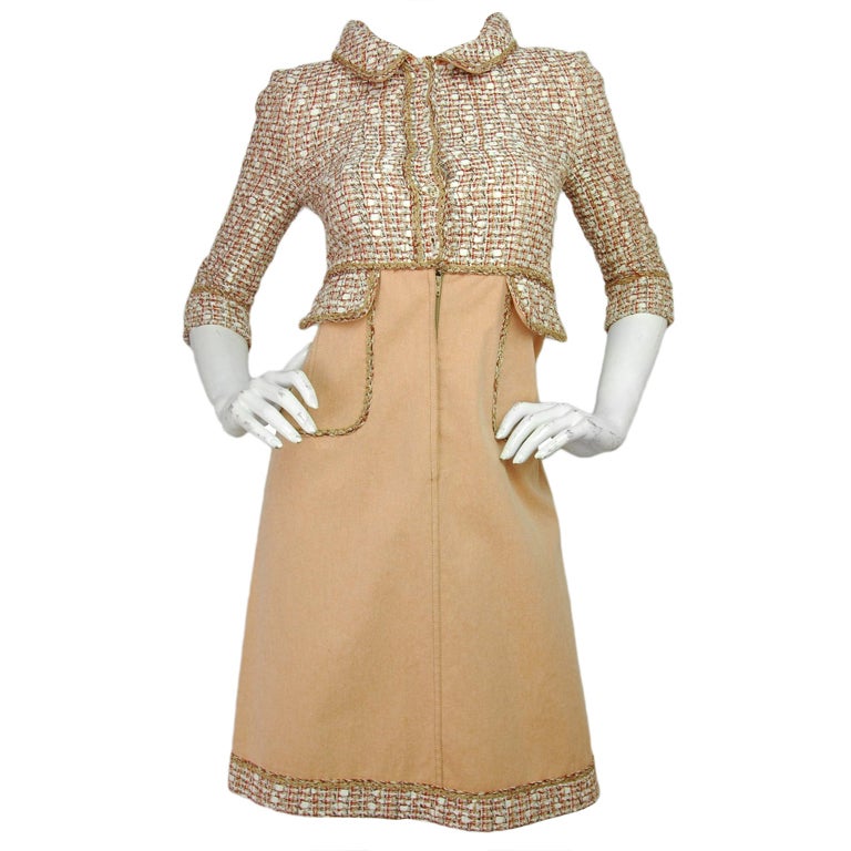 Chanel Peach Tweed and Denim 3/4 Sleeve Dress Sz 38
