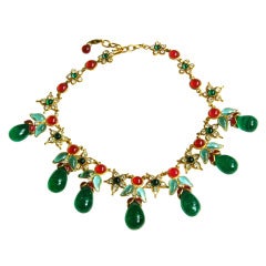 Chanel '70s Collector's Necklace with Green Gripoix Drops and Rhinestone Flower 11