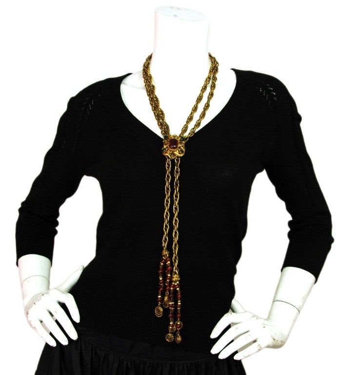 Chanel Vintage Goldtone Necklace W/ Gripoix Medallion & Tassels 6