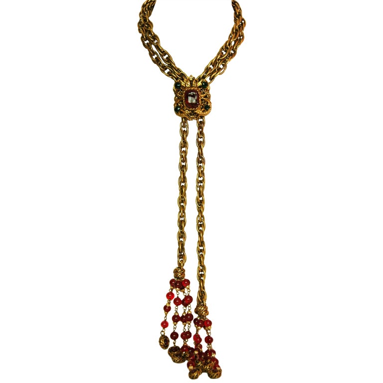 Chanel Vintage Goldtone Necklace W/ Gripoix Medallion & Tassels
