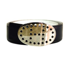 HERMES Navy/White Reversible Belt with Silver Perforated H Buck