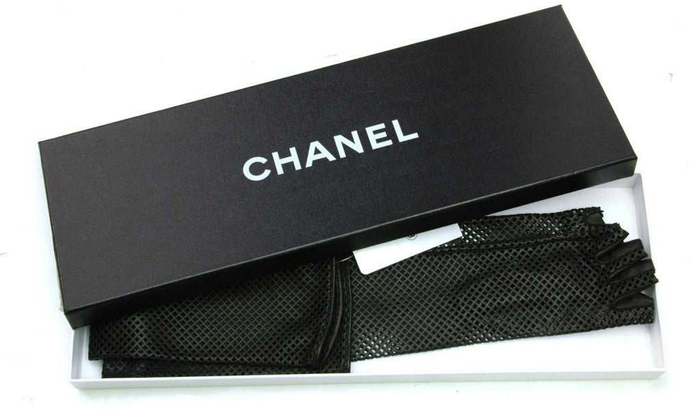 Chanel Black Perforated Leather Gloves at 1stdibs