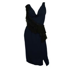 NINA RICCI Navy Silk Ruffle Dress with Black Chiffon Trim