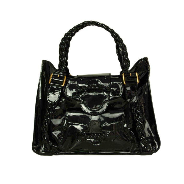 VALENTINO Black Patent Leather Histoire Bag with Braided Handles