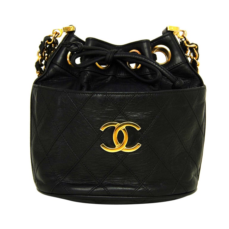 CHANEL Black Leather Mini Drawstring Bag