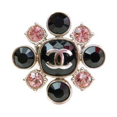 CHANEL Black And Pink Rhinestone Ring With CC - Sz 7