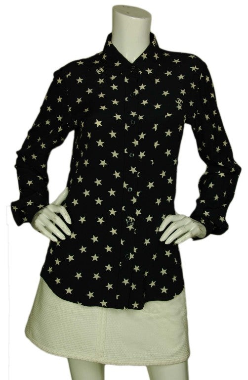 CHANEL Navy Longsleeve Blouse with White CC and Star Print