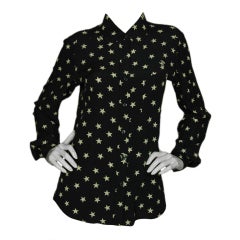 CHANEL Navy Longsleeve Blouse with White CC and Star Print