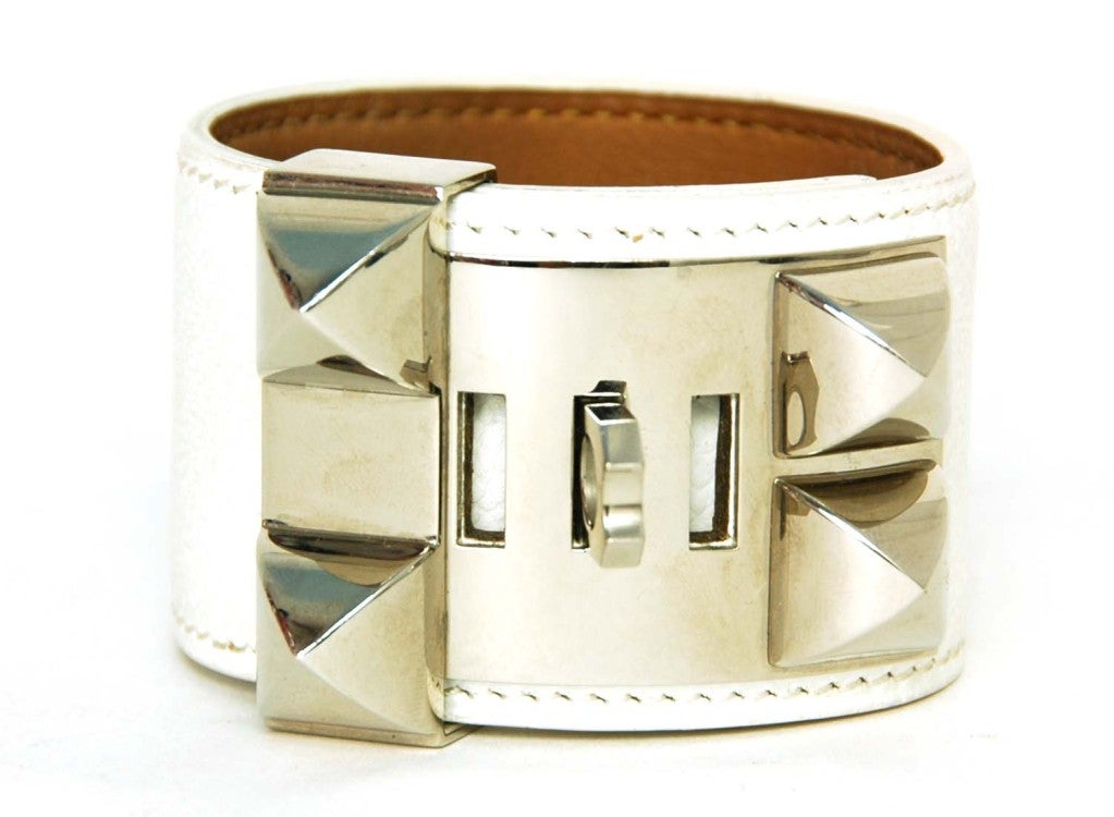 HERMES White Epsom Leather Collier De Chien Bracelet With Pallad