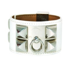 HERMES White Epsom Leather Collier De Chien Bracelet With Pallad