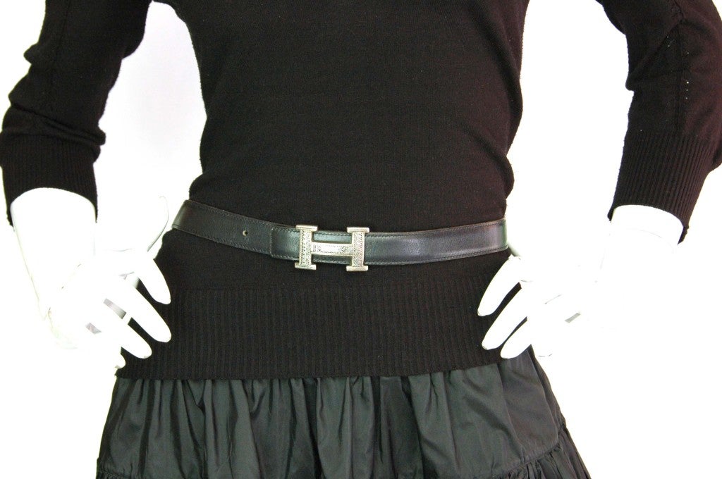 Women's HERMES Black Touareg H Belt With Sterling Buckle - 70 CM