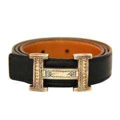 HERMES Black Touareg H Belt With Sterling Buckle - 70 CM