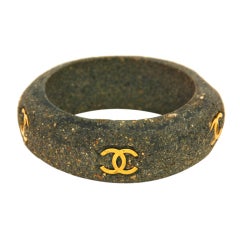 CHANEL Vintage '94 Grey Stone Bangle Bracelet w Inset Gold Tone CCs