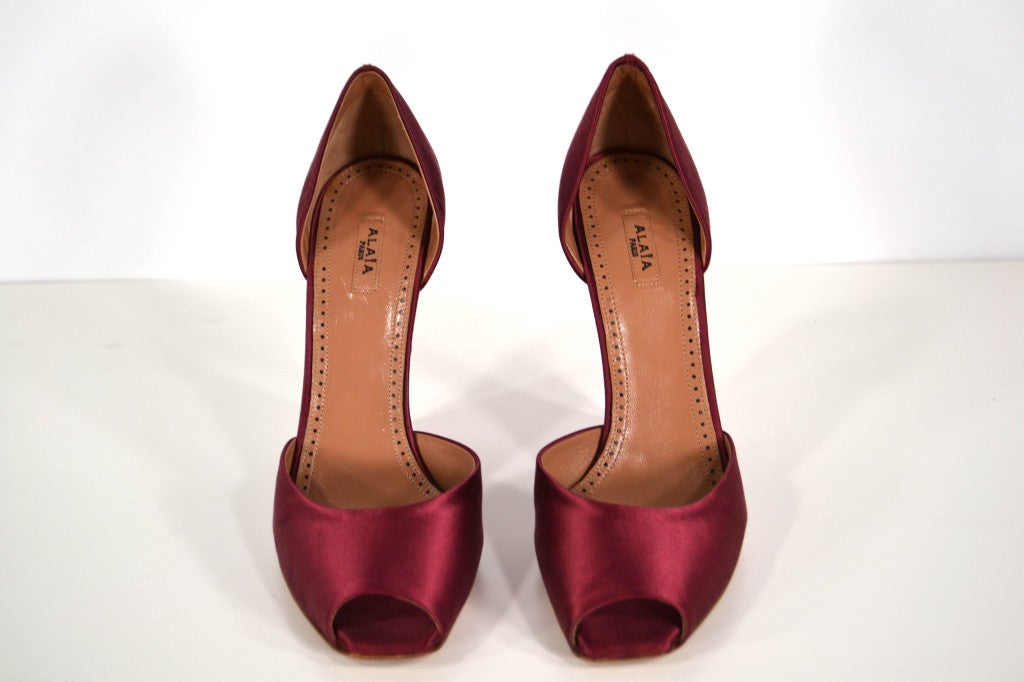 Burgundy satin peep tow wedges