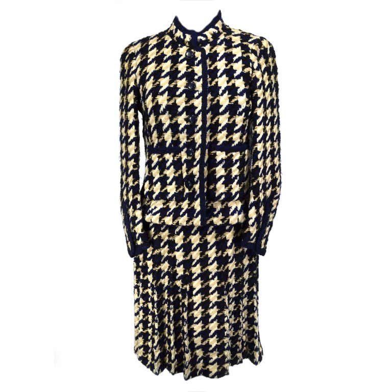 Chanel 70's Navy and Beige Wool Houndstooth Three Piece Suit at 1stDibs